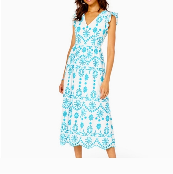 Lilly Pulitzer $328 Lillyanne Neon Turquoise Oasis Tie Back Midi Dress - Picture 3 of 17